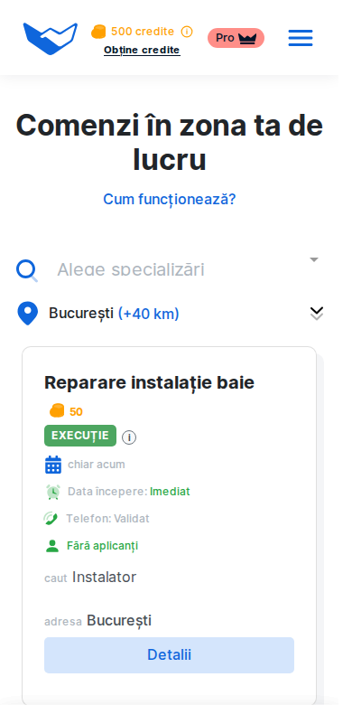 Pagina de căutare proiecte din aplicația VreauMeseriaș, afișată pe telefon